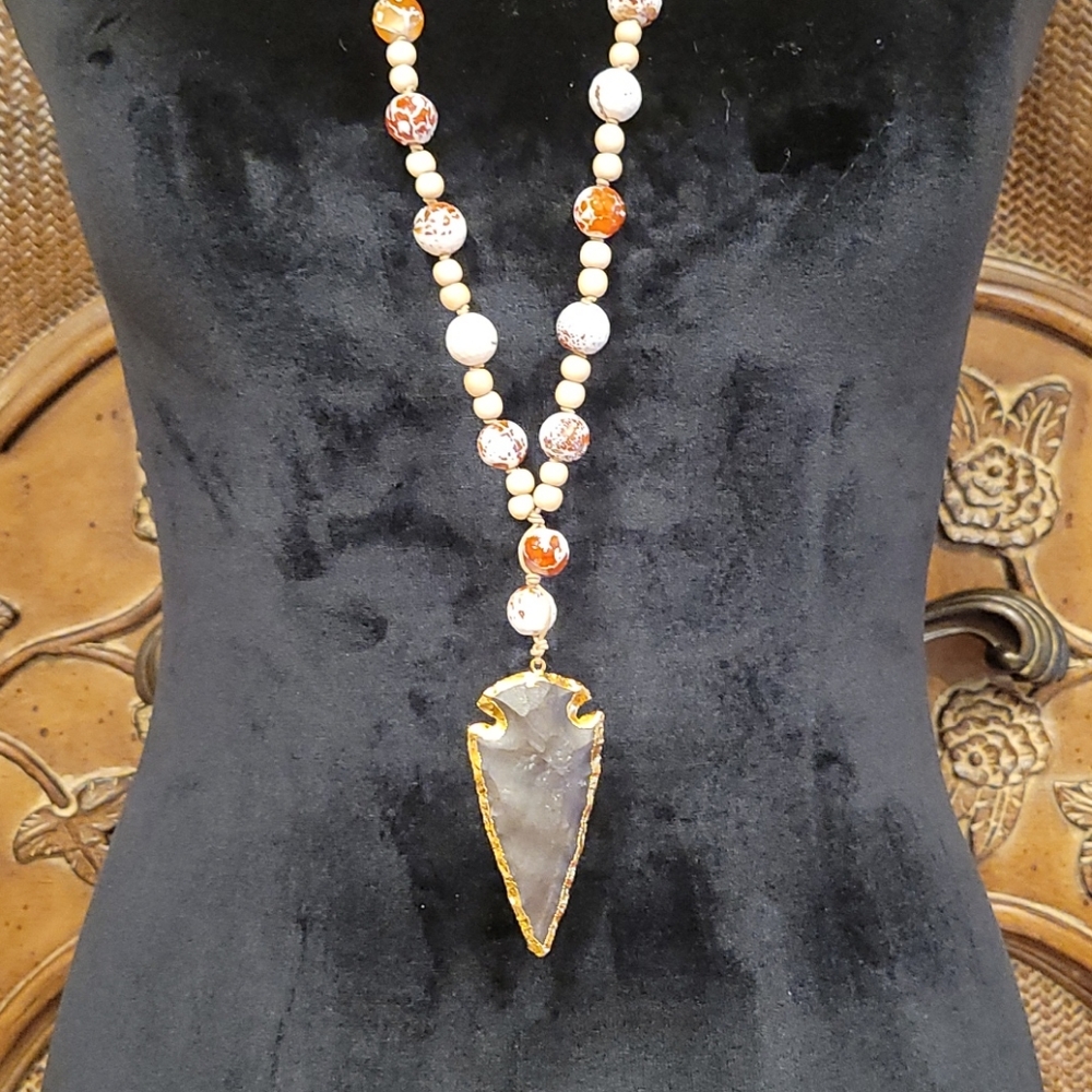 Black Agate Arrowhead, Glass and Wood Bead